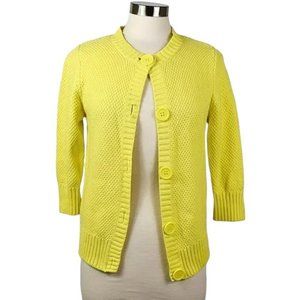 LL BEAN Yellow Cardigan 100% Cotton Knit 3/4 Sleeve Sweater